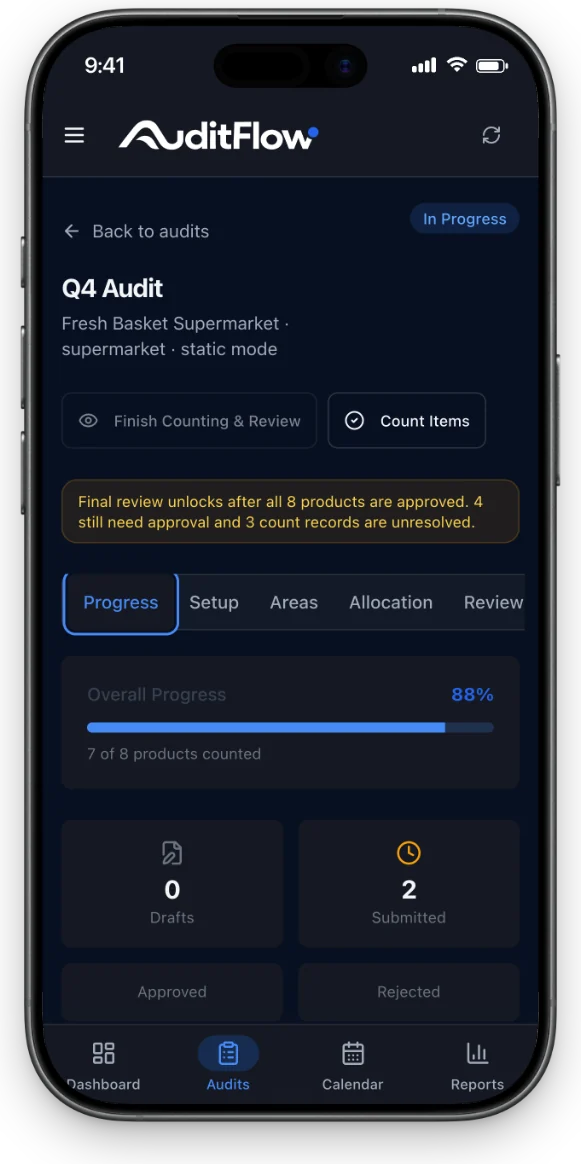 AuditFlow progress iPhone mockup