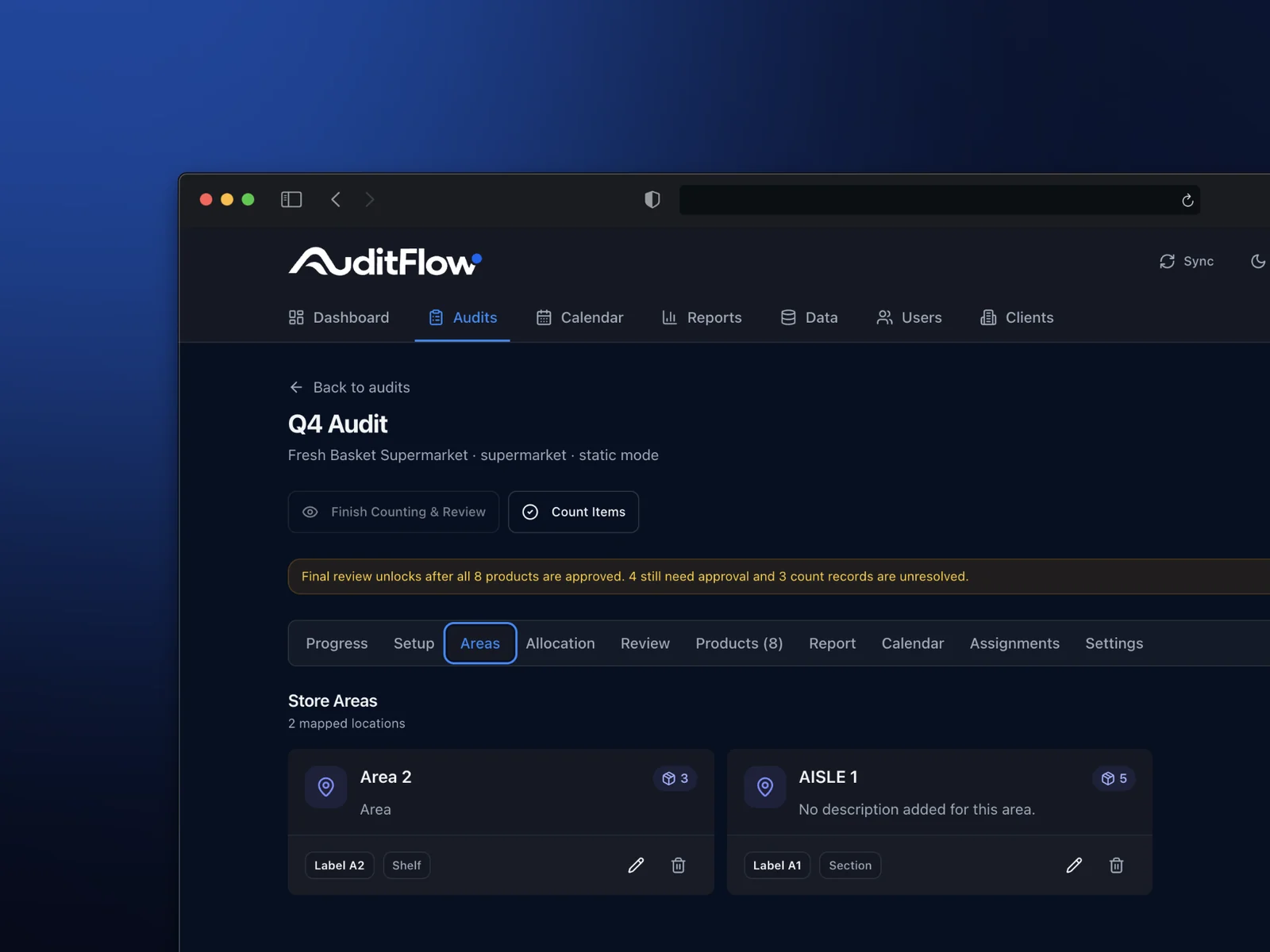 AuditFlow areas feature mockup