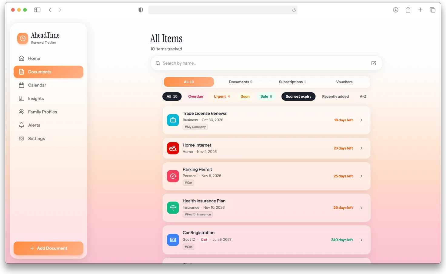 AheadTime items browser mockup